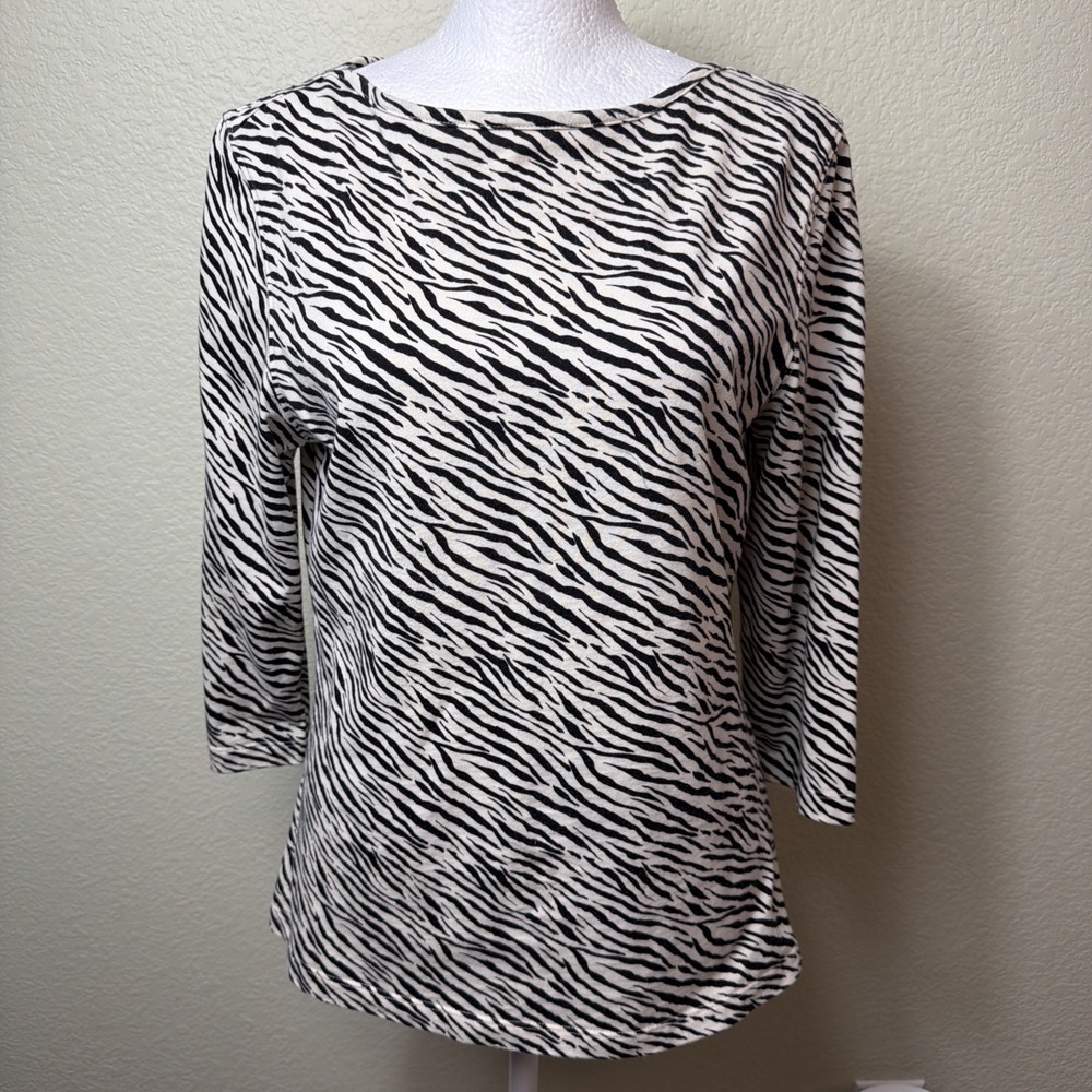 Westbound Top S Women Zebra Print Shirt 100% Cotton 3/4 Sleeve Black White Knit